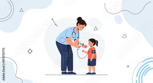 Nurse checks child's blood pressure, pediatric healthcare, medical checkup, doctor and patient illustration