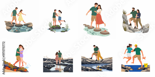Flat Vector Illustration Set of Couples Exploring Rocky Coastlines and Crossing Stepping Stones in Various Romantic Coastal Scenes
