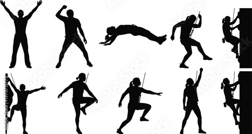 Rock climbing silhouettes with harnesses and ropes, showing dynamic poses of athletes climbing, balancing, and celebrating, symbolizing adventure, sport, fitness, and outdoor activity.