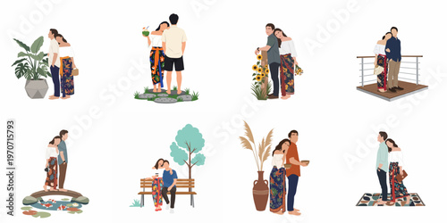 A collection of eight flat vector illustrations showing faceless romantic couples in various outdoor and leisure settings, featuring traditional Southeast Asian batik clothing.
