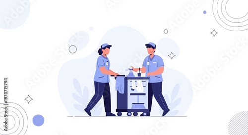 Cleaning Staff with Cart, Professional Housekeeping Service Illustration