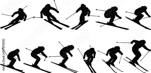 Dynamic skier silhouettes in downhill motion with skis and poles, symbolizing winter sport, athleticism, balance, and outdoor adventure in vector illustration design.