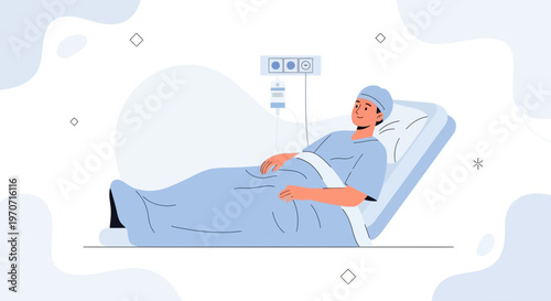 Patient in Hospital Bed with IV Drip, Medical Care Illustration