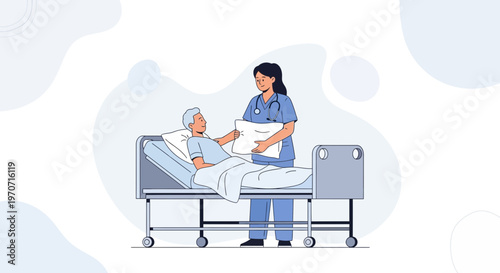 Nurse caring for elderly patient in hospital bed, medical assistance and healthcare concept