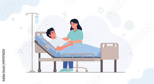 Nurse caring for patient in hospital bed with IV drip, medical care concept