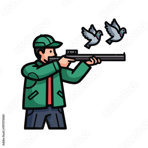 A man in green aims a shotgun at two flying birds