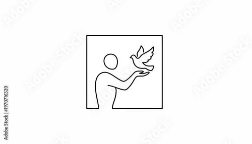 Person releasing a dove, symbol of peace and freedom, minimalist line art icon