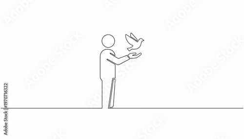 Person releasing a dove, symbol of peace and freedom, minimalist line art