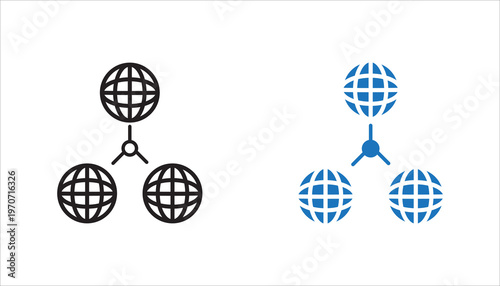 Network structure hierarchy with connected globe nodes line icon. Outline symbol representing system architecture, hierarchical network, communication flow, and distributed systems.