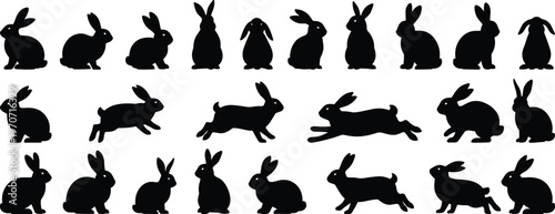 Rabbit silhouettes in diverse poses including sitting, crouching, standing, and leaping, symbolizing wildlife, nature, animal behavior, and anatomy in vector illustration design.