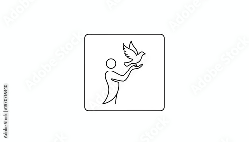 Person releasing a dove, symbol of peace, freedom, and hope, minimalist line art icon