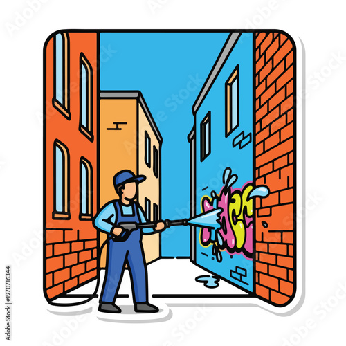 A man in overalls pressure washes graffiti off a wall