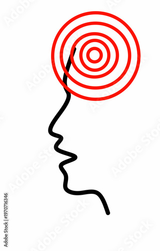 Abstract representation of a human head with radiating red circles indicating thought or pain.