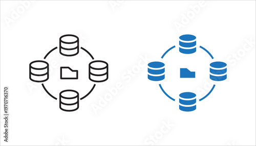Distributed database network with file sharing line icon. Outline symbol representing decentralized storage, data synchronization, and distributed systems.