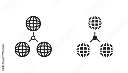 Network structure hierarchy with connected globe nodes line icon. Outline symbol representing system architecture, hierarchical network, communication flow, and distributed systems.
