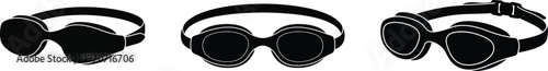 Three black swim goggles vector design set with sleek outline style for sports branding
