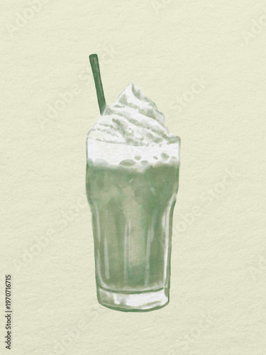 Watercolor Illustration of an Iced Matcha Green Tea Frappe on Textured Paper