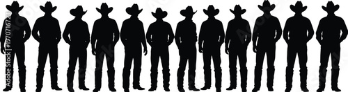 Cowboy silhouettes wearing hats and boots, standing in a row, symbolizing western culture, tradition, symmetry, and iconic attire in vector illustration design.