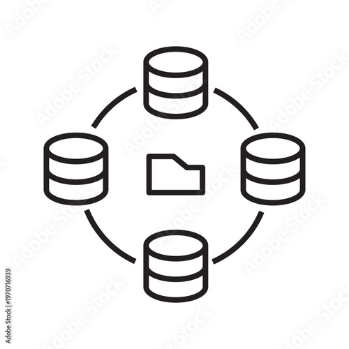 Distributed database network with file sharing line icon. Outline symbol representing decentralized storage, data synchronization, and distributed systems.