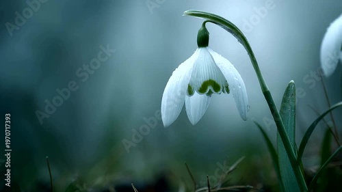 Delicate snowdrop flower in a misty forest setting