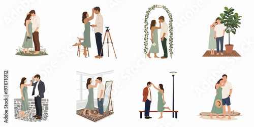 Collection of minimalist flat illustrations featuring a young romantic couple in various everyday and special moments, like dates, beach walks, and cozy home scenes.