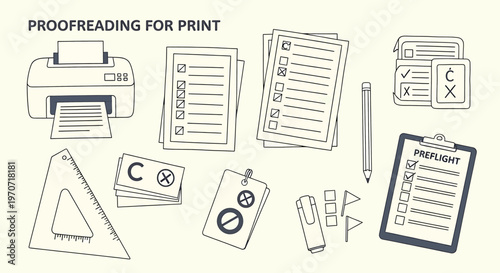 Sketchy hand drawn office supplies isolated on transparent background printers notepads and stationery elements