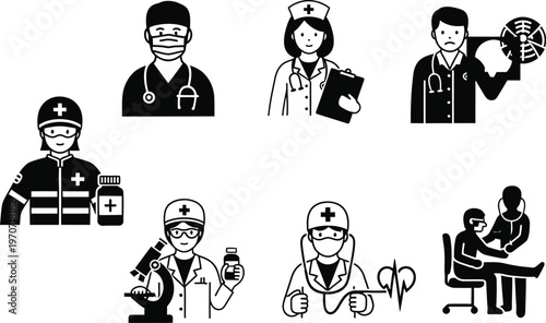 Medical Professionals Icon Set with Doctor, Nurse, Surgeon, Lab Scientist, and Paramedic Characters for Healthcare Services, Hospital Staffing, and Clinical Research Vector Illustration