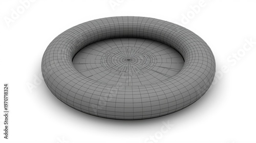 A detailed 3d wireframe model of a circular torus shape isolated on a plain white background area isolated on white background