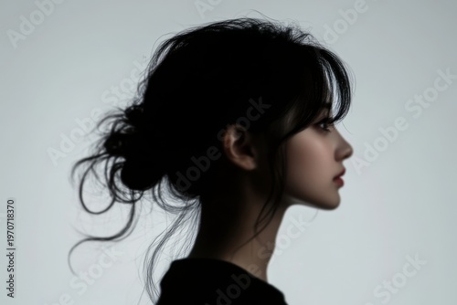 Silhouette of a woman isolated on a white background, the silhouette shown in profile view with no face visible, Generative AI