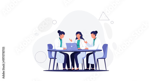 Doctors collaborating at a table with a laptop, discussing medical information.