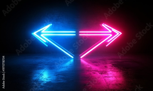 Abstract arrow speed motion light effect with blue and pink glow on dark background, Generative AI