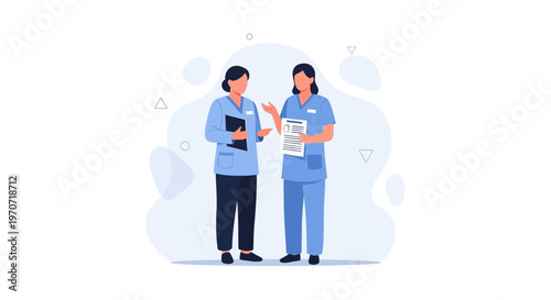 Two nurses in blue uniforms discussing medical charts in a minimalist style