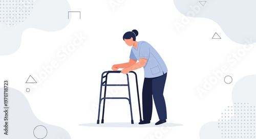 Elderly Woman Using Walker for Support, Rehabilitation, Healthcare Concept