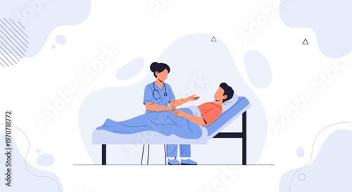 Nurse Caring for Patient in Hospital Bed, Medical Illustration