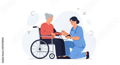 Nurse taking blood pressure of elderly woman in wheelchair, healthcare concept