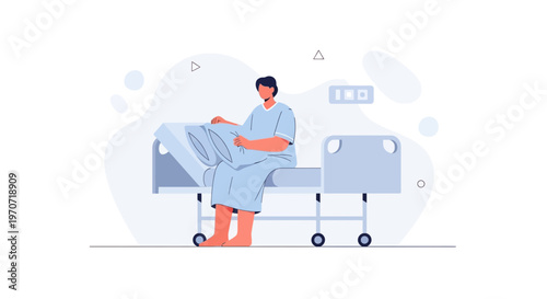 Patient in hospital gown sitting on hospital bed, holding pillow