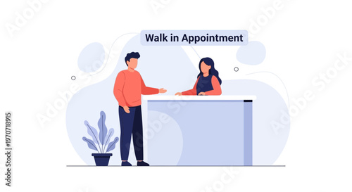 Man at reception desk for walk-in appointment, business meeting, customer service