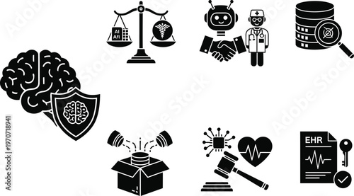 AI in Healthcare and Medical Law Icon Set for Electronic Health Records, Robotic Surgery, Bioethics, Data Privacy, and Healthcare Regulation Compliance Vector Illustration