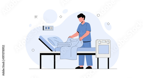 Nurse making hospital bed with medical equipment and patient monitor