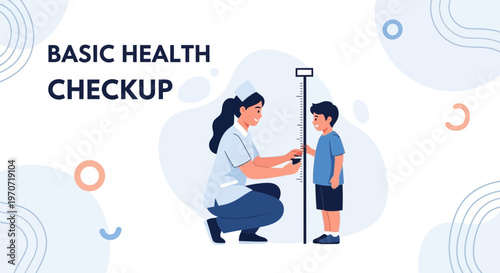 Nurse measuring child's height during basic health checkup, illustration