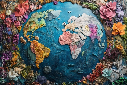 A collage of various textures and patterns forming the shape of the Earth, with colorful drawings representing different landscapes and oceans, Generative AI