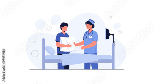 Nurse helping patient with pillow in hospital room, medical care illustration