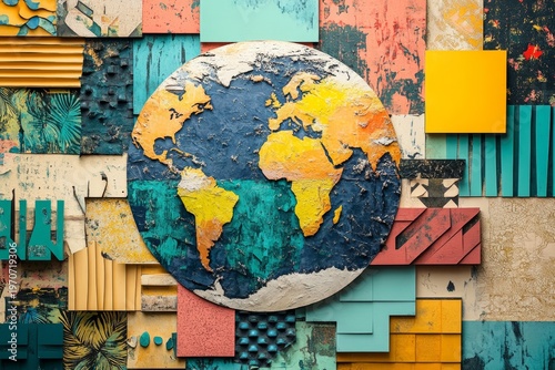 A collage of various patterns and textures forming the shape of the Earth, with colorful geometric shapes representing the different continents, Generative AI