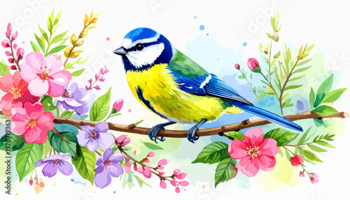 Watercolor illustration of a cute blue tit bird perched on a blooming spring flower branch.