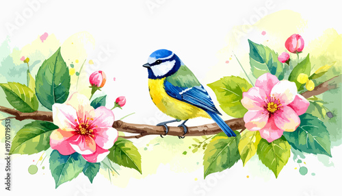 Watercolor illustration of a blue tit bird on a spring branch with pink flowers and leaves