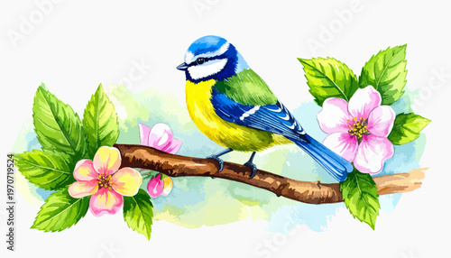 Beautiful watercolor illustration of a little blue tit bird perched on a blooming spring branch