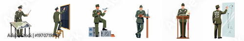 Set of flat vector illustrations depicting military officers in various professional activities like planning, lecturing, and coordination, isolated on white.