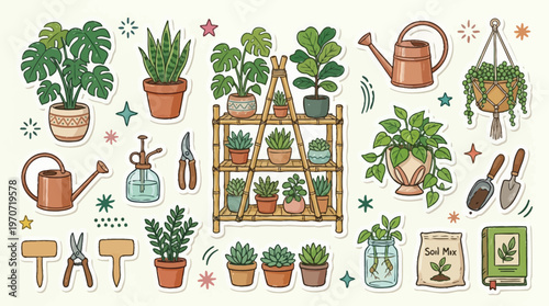 Colorful Plants and Gardening Tools on Wooden Shelf