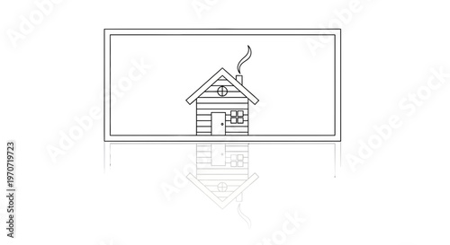 Simple Line Drawing of a Cozy Log Cabin with Smoke from Chimney and Reflection