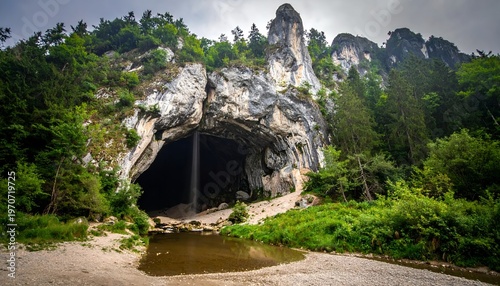 Majestic Limestone Cave Entrance in Lush Green Forest Landscape.